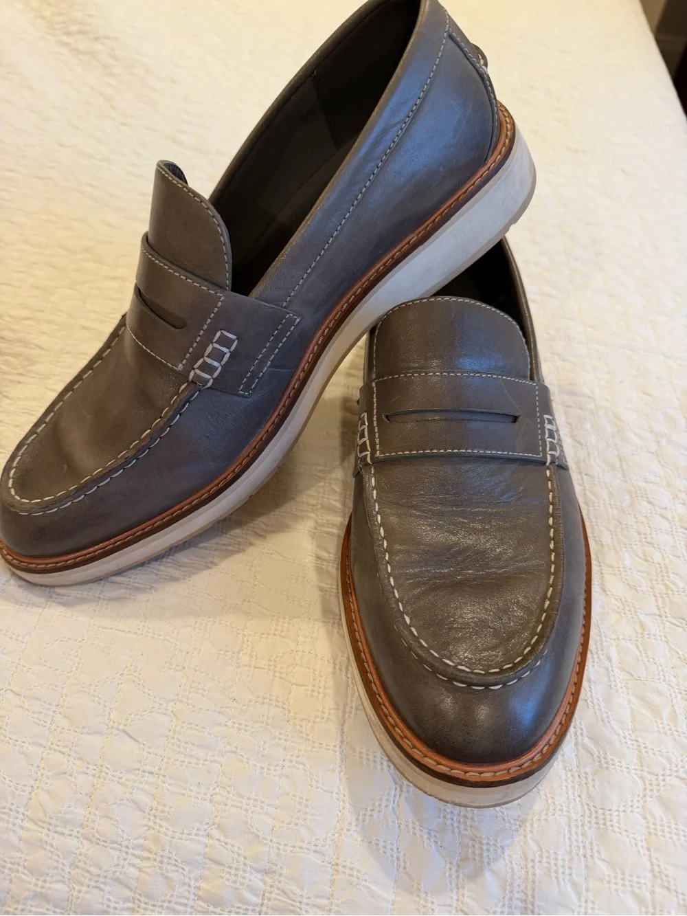 Cole Haan Gray Leather Penny Loafer with Cream-Wrapped Sole